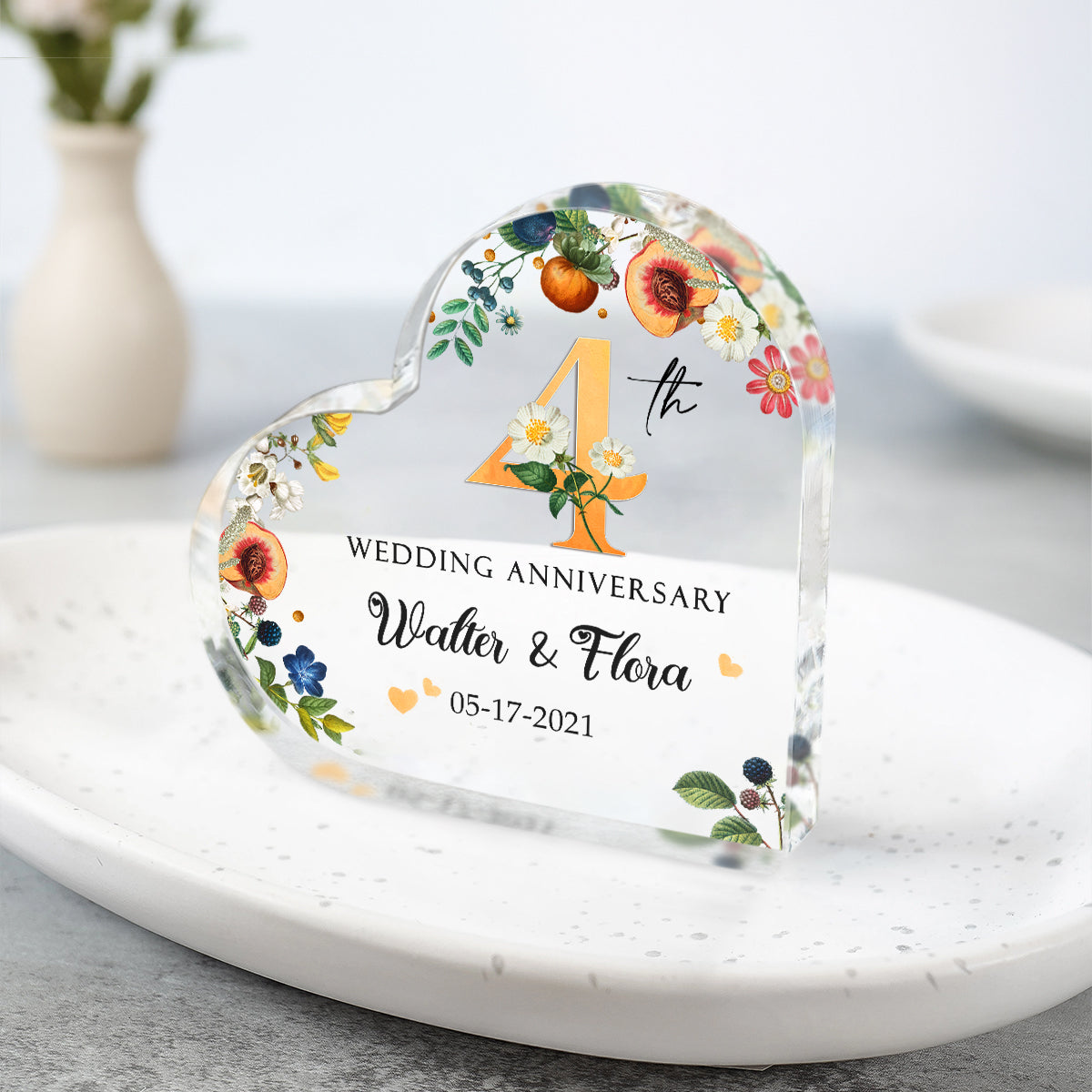 4th Year Wedding Anniversary Gift, Four Year Wedding Anniversary Gift, Personalized 4th Wedding Anniversary Heart Acrylic Block