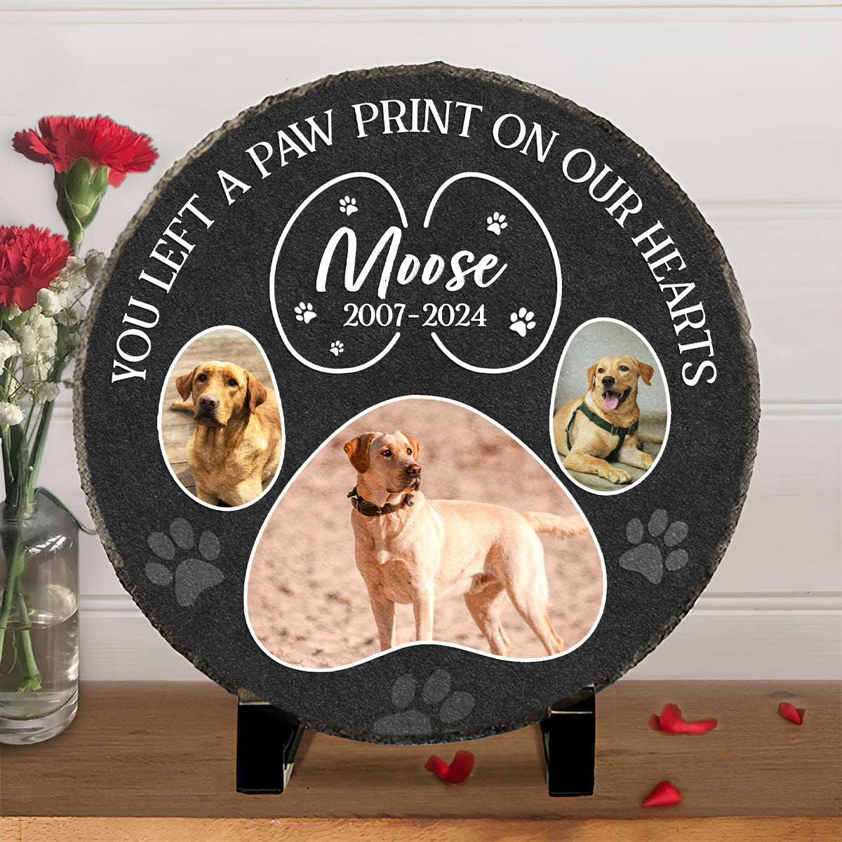 Engraved Paw Prints on Our Hearts – Personalized Photo Dog Memorial Stone – Gift For Pet Loss – Cat Dog Loss Gift
