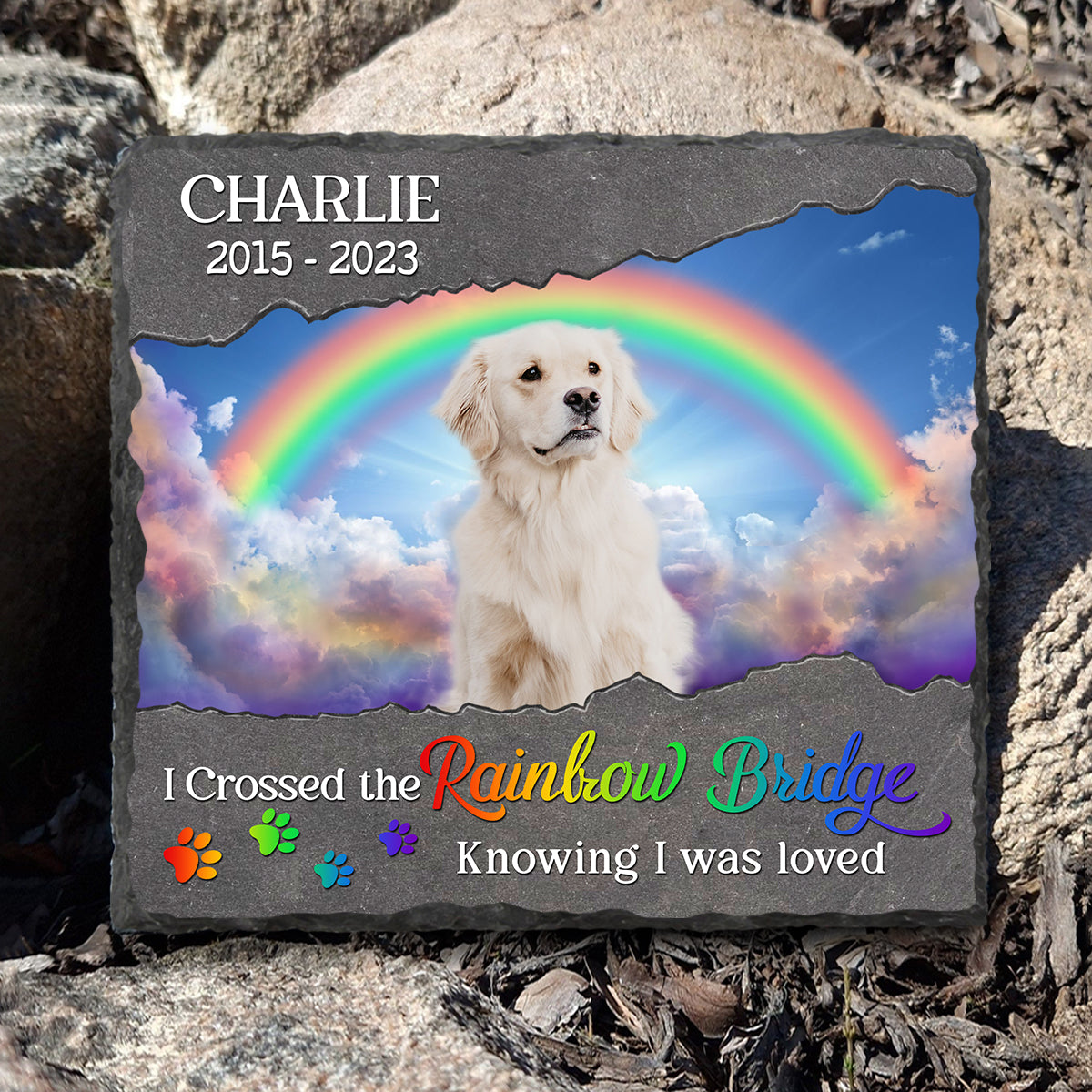I Crossed The Rainbow Bridge – Custom Dog Memorial Photo Slate Stone – Pet Loss Gifts