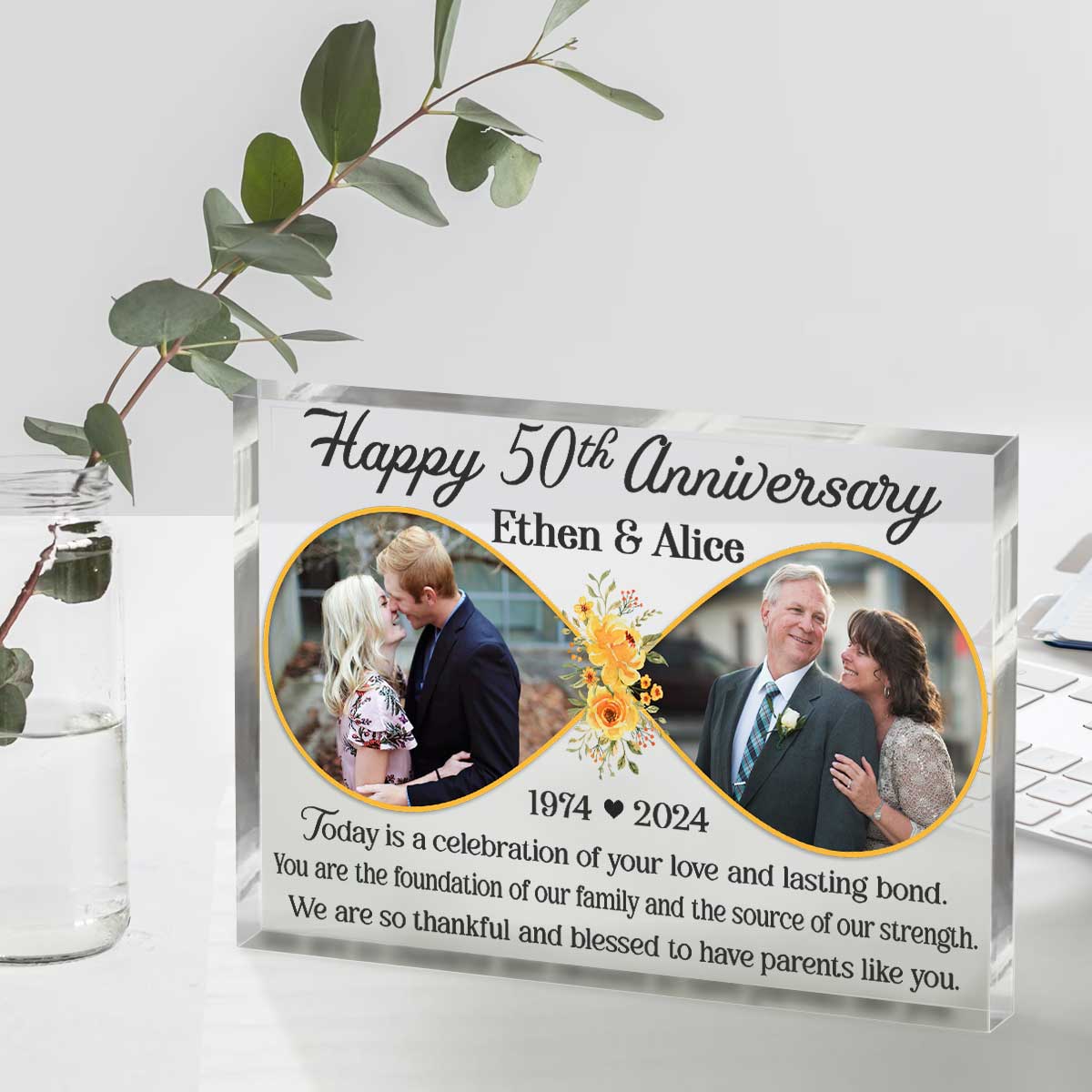 Personalized 50th Wedding Anniversary Double Picture Acrylic Plaque – Golden Anniversary Decorations For Parent – 50 Years Anniversary Gifts
