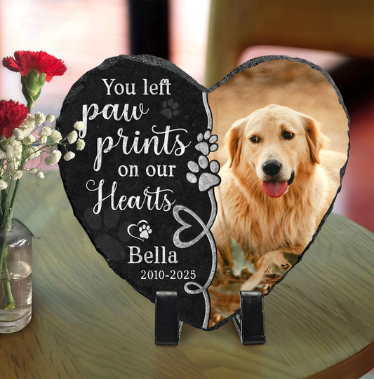 Personalized Dog Memorial Stone with Picture – Custom Pet Memorial Grave Markers – Memorial Gifts for Loss of Dog – You Left Paw Prints On Our Hearts