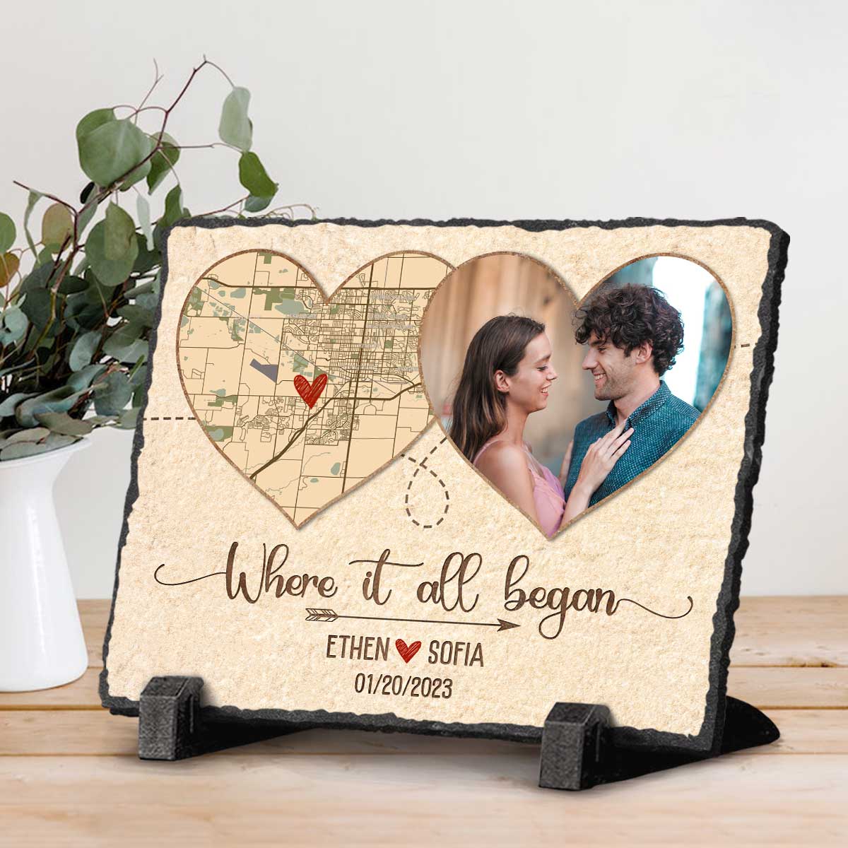 Where It All Began Personalized Map Rock Slate With Photo – Custom Valentines Anniversary Gift For Her Him – Map Gifts For Couple
