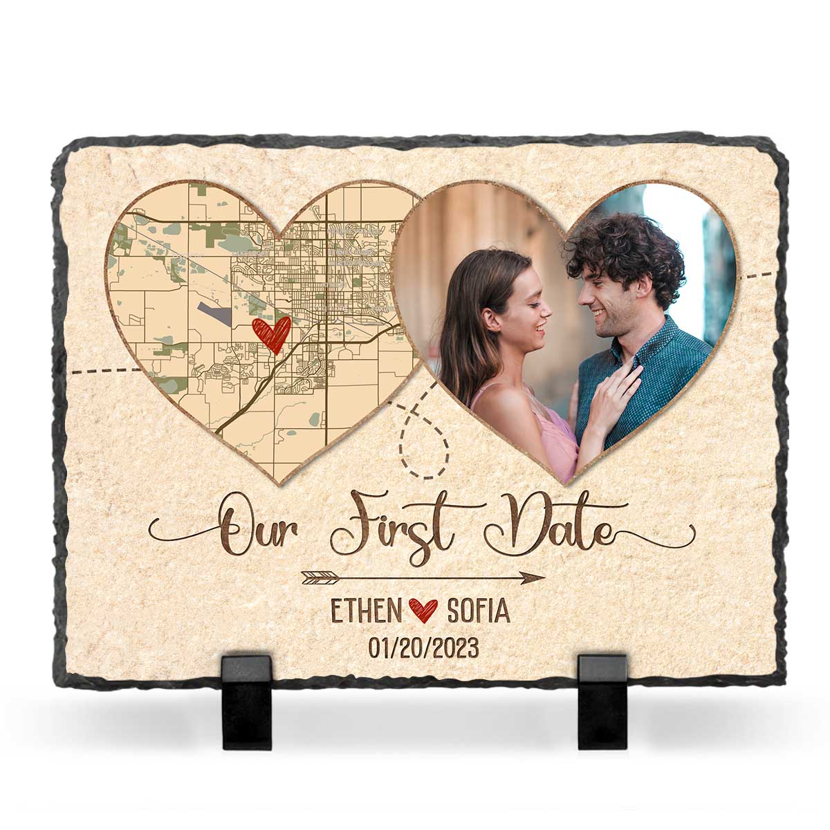 Our First Date Gifts – Personalized Heart Location Map Rock Slate With Photo – First Date Keepsake Gifts – First Anniversary Valentines Gift