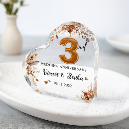 Leather Wedding Anniversary Gifts, Third Wedding Anniversary Gift, 3 Year Anniversary Gift, Personalized 3rd Year Anniversary Heart Acrylic Plaque