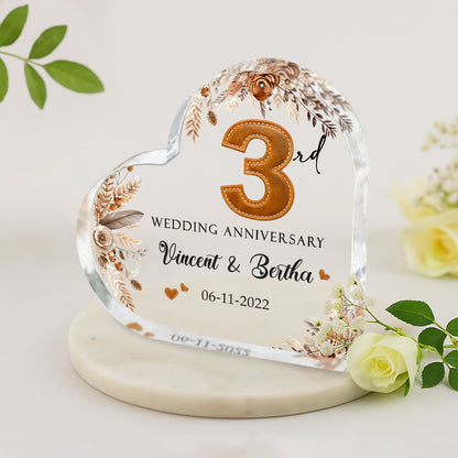 Leather Wedding Anniversary Gifts, Third Wedding Anniversary Gift, 3 Year Anniversary Gift, Personalized 3rd Year Anniversary Heart Acrylic Plaque