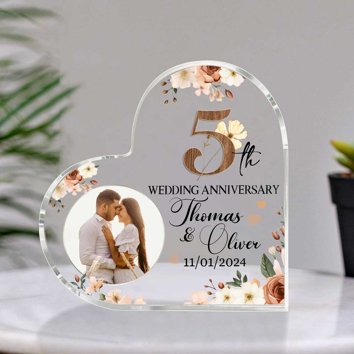 Custom 5th Wedding Anniversary Heart Acrylic Block – Personalized 5th Anniversary Gift – Wooden Anniversary Gift for Couple