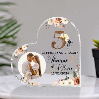 Custom 5th Wedding Anniversary Heart Acrylic Block – Personalized 5th Anniversary Gift – Wooden Anniversary Gift for Couple