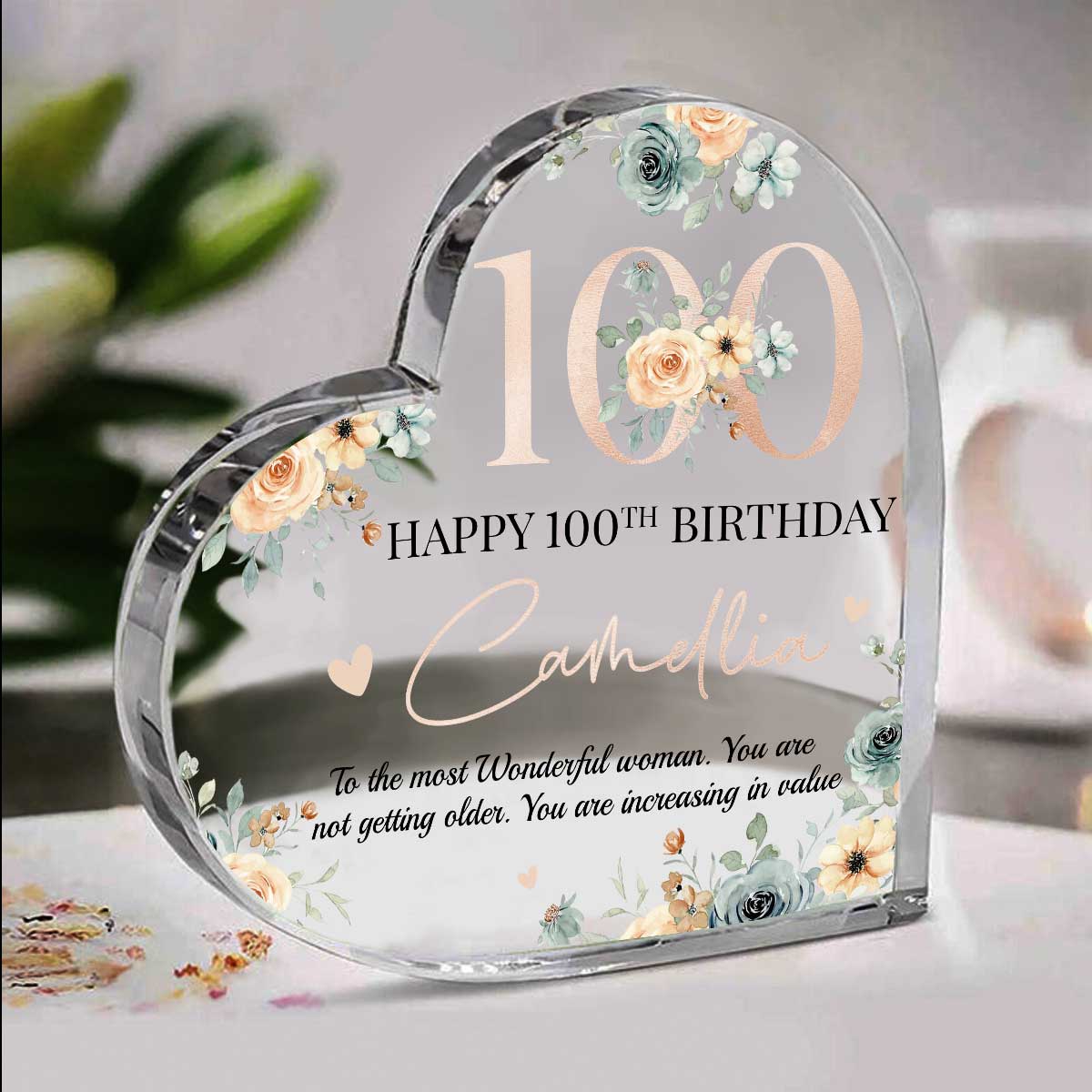Personalized Happy 100th Birthday Heart Acrylic Plaque – Birthday Gift For Nana Grandma Mom – 100 Years Old Keepsake Gifts for Her
