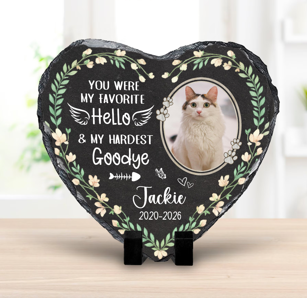 Custom Cat Photo Memorial Heart Stone – Pet Memorial Gift, Personalized Pet Name Date Keepsake, Pet Grave Marker, Garden Cat Memorial Slate