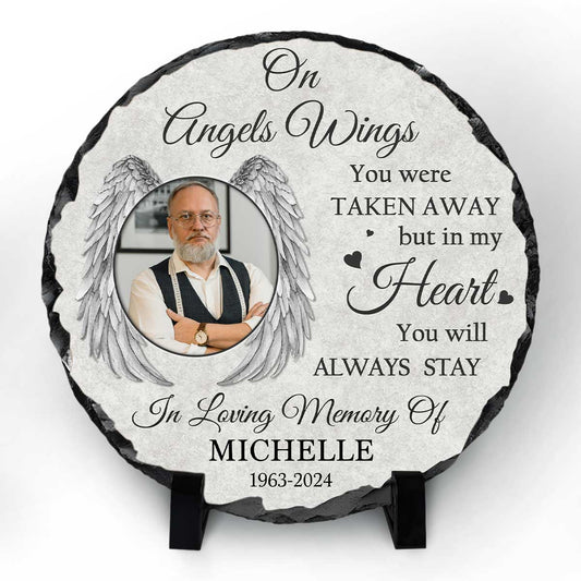 On Angels Wings Personalized Round Garden Stone – Custom Memorial Photo Slate Plaque – Loss Of A Loved One Keepsake – Bereavement Gift