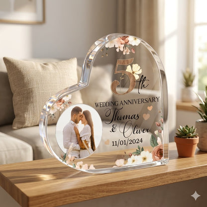 Custom 5th Wedding Anniversary Heart Acrylic Block – Personalized 5th Anniversary Gift – Wooden Anniversary Gift for Couple