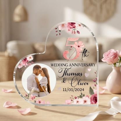Custom 5th Wedding Anniversary Heart Acrylic Block – Personalized 5th Anniversary Gift – Wooden Anniversary Gift for Couple