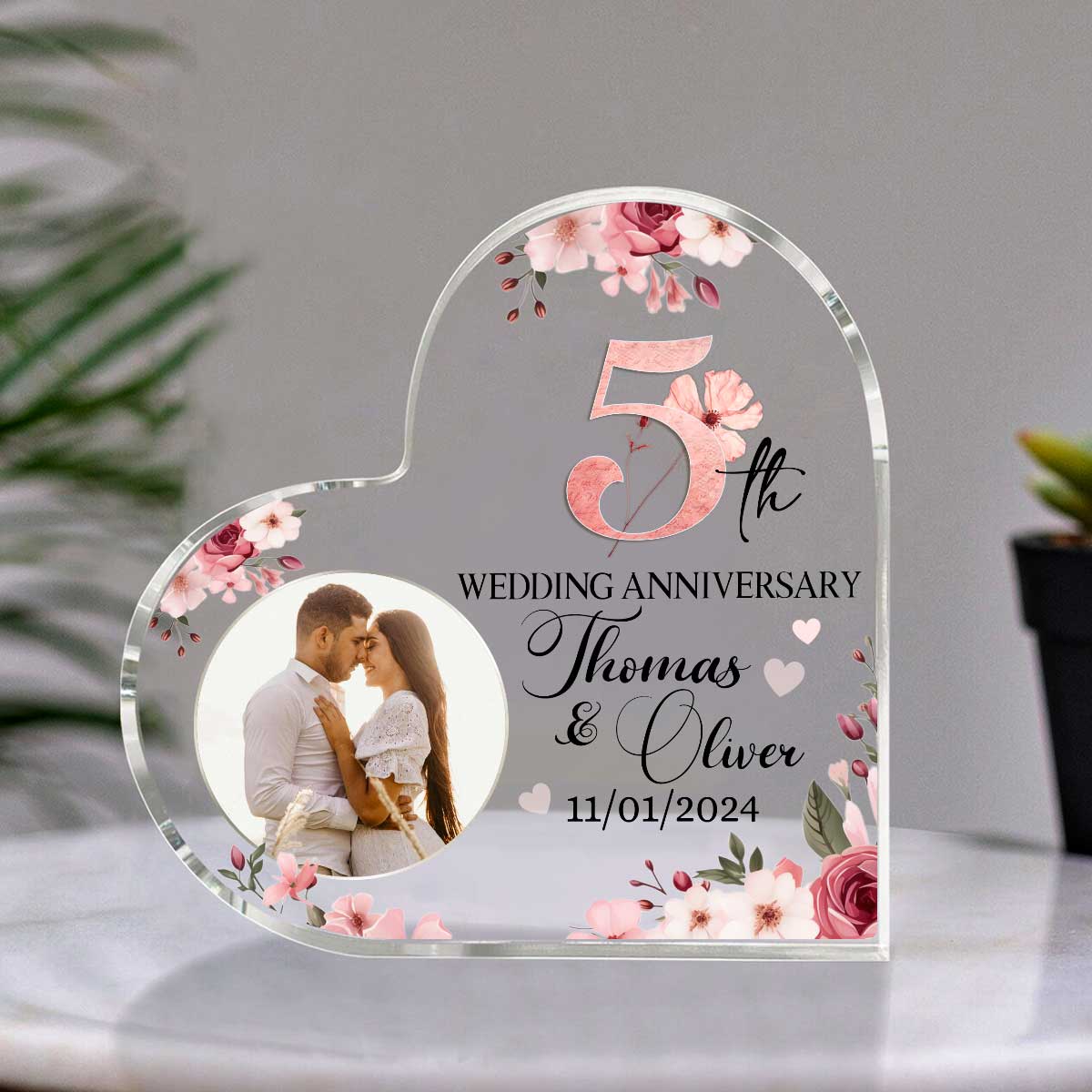 Custom 5th Wedding Anniversary Heart Acrylic Block – Personalized 5th Anniversary Gift – Wooden Anniversary Gift for Couple