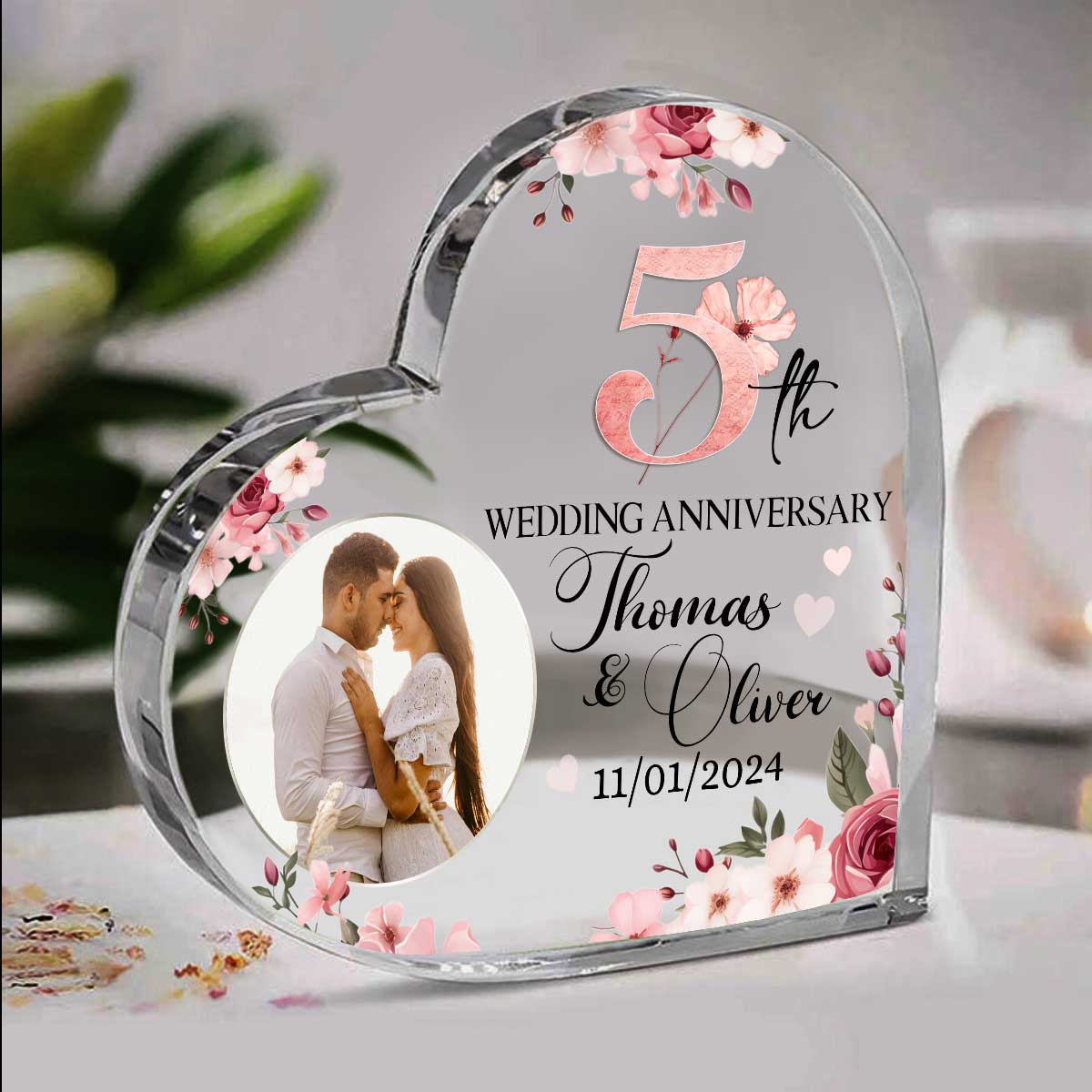 Custom 5th Wedding Anniversary Heart Acrylic Block – Personalized 5th Anniversary Gift – Wooden Anniversary Gift for Couple