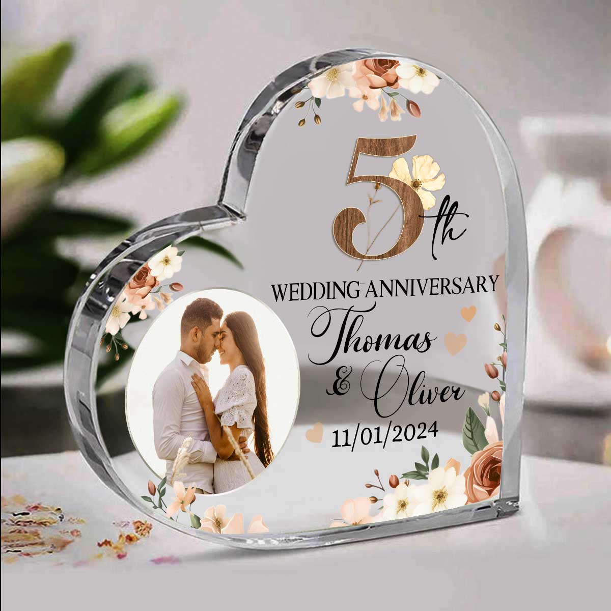 Custom 5th Wedding Anniversary Heart Acrylic Block – Personalized 5th Anniversary Gift – Wooden Anniversary Gift for Couple