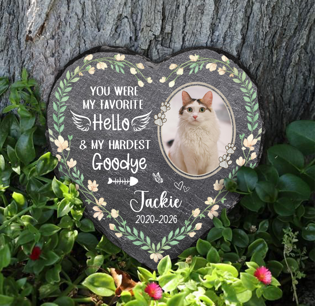 Custom Cat Photo Memorial Heart Stone – Pet Memorial Gift, Personalized Pet Name Date Keepsake, Pet Grave Marker, Garden Cat Memorial Slate