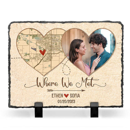 Where We Met Personalized Heart Location Map Rock Slate With Photo – First Date Memory Map Gifts – Custom Anniversary Valentines Gifts For Him Her