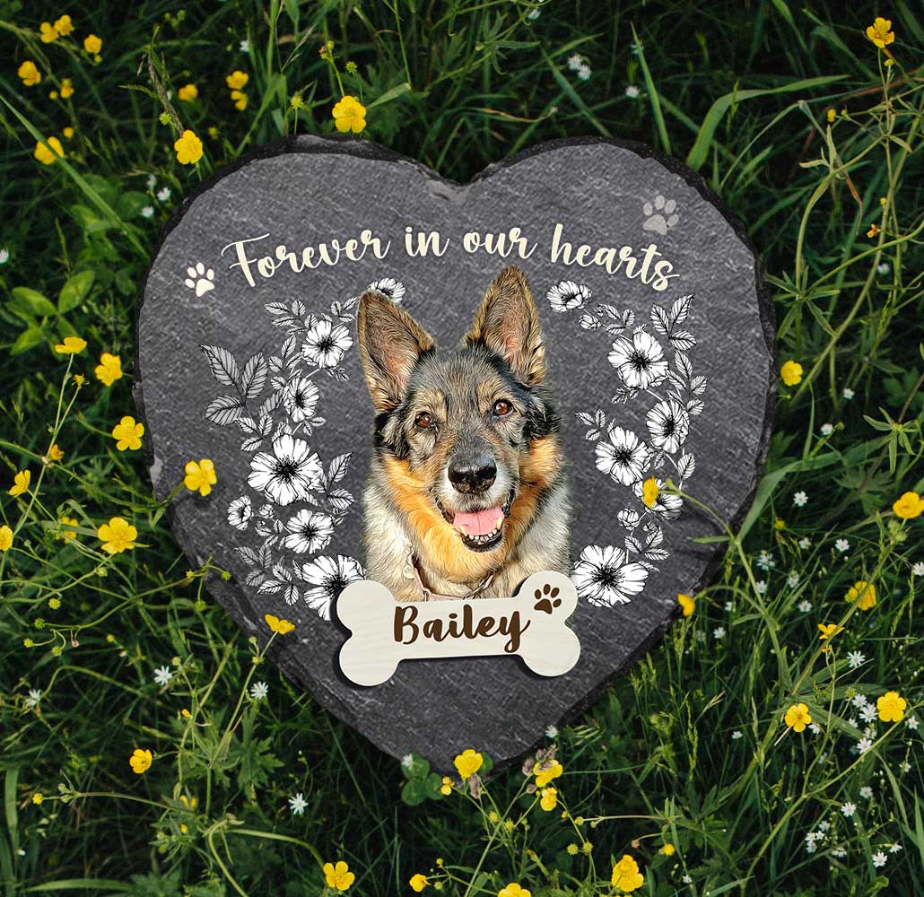 Personalized Dog Grave Marker - Dog Death Sympathy Gifts - Pet Remembrance Gifts - Forever In Our Hearts Stone Slate