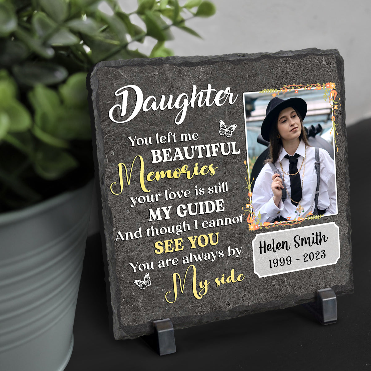Daughter Memorial Rock Slate With Photo, Personalized Memorial Gifts For Loss Of Daughter, You Left Me Beautiful Memories