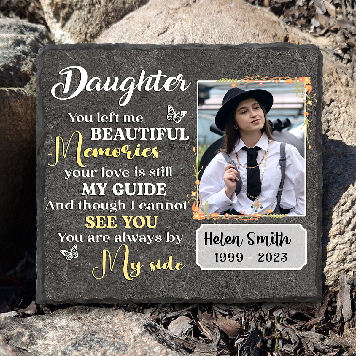 Daughter Memorial Rock Slate With Photo, Personalized Memorial Gifts For Loss Of Daughter, You Left Me Beautiful Memories