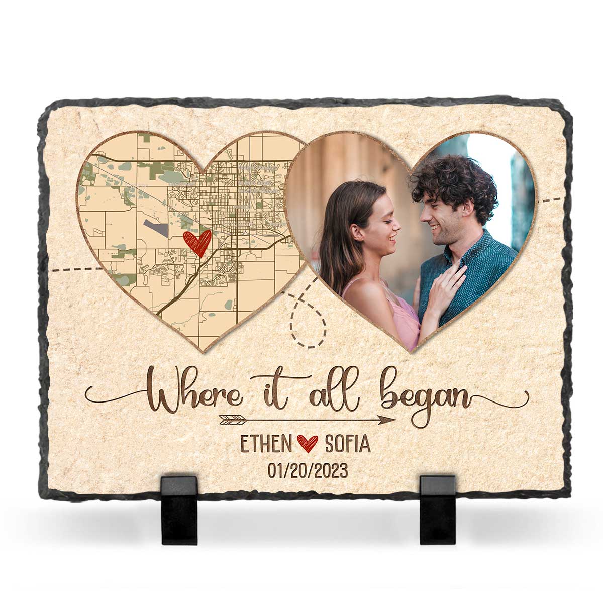Where It All Began Personalized Map Rock Slate With Photo – Custom Valentines Anniversary Gift For Her Him – Map Gifts For Couple