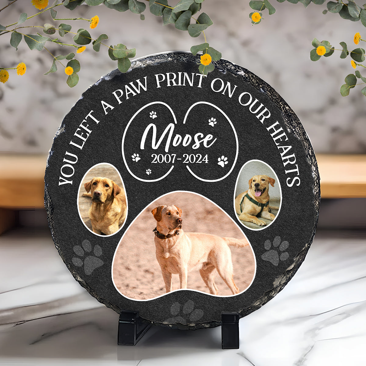 Engraved Paw Prints on Our Hearts – Personalized Photo Dog Memorial Stone – Gift For Pet Loss – Cat Dog Loss Gift