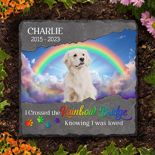 I Crossed The Rainbow Bridge – Custom Dog Memorial Photo Slate Stone – Pet Loss Gifts