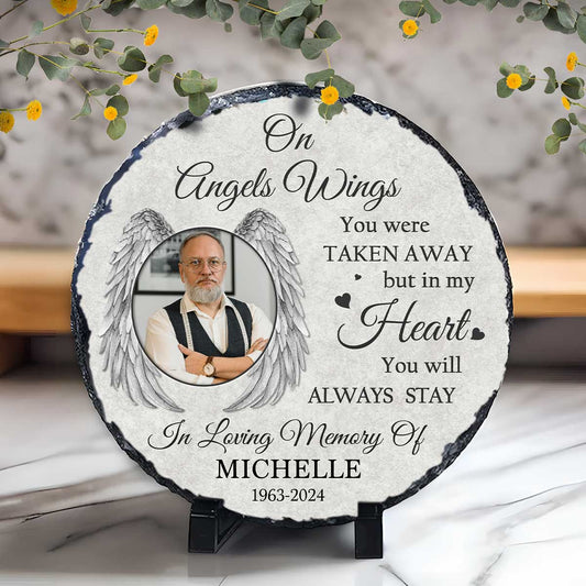 On Angels Wings Personalized Round Garden Stone – Custom Memorial Photo Slate Plaque – Loss Of A Loved One Keepsake – Bereavement Gift