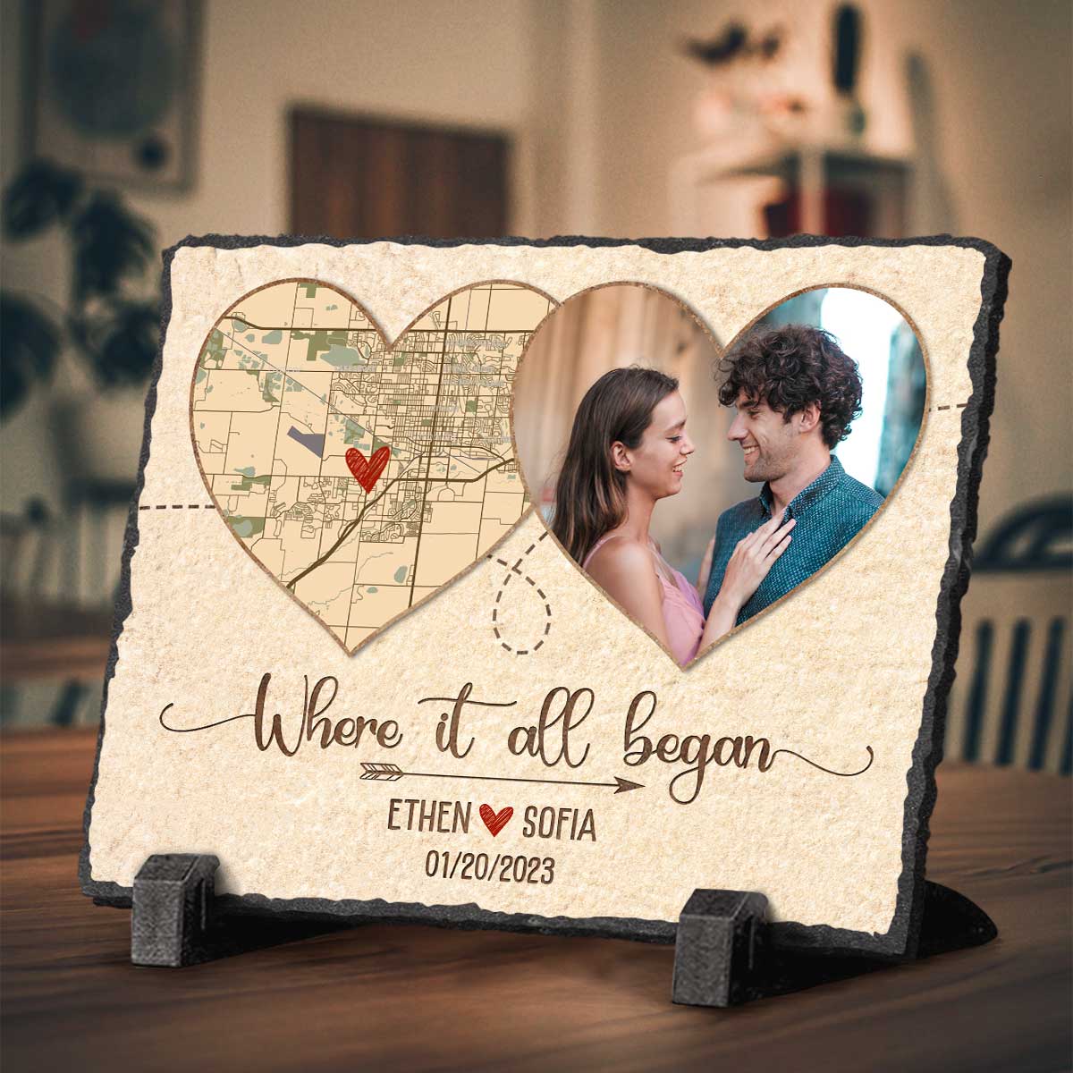 Where It All Began Personalized Map Rock Slate With Photo – Custom Valentines Anniversary Gift For Her Him – Map Gifts For Couple