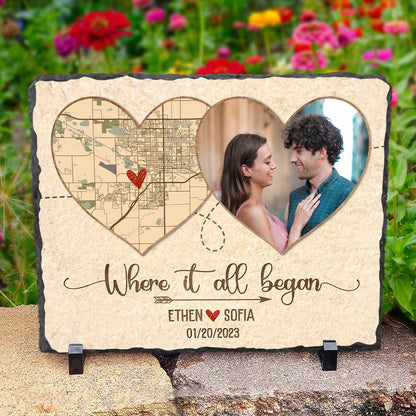 Where It All Began Personalized Map Rock Slate With Photo – Custom Valentines Anniversary Gift For Her Him – Map Gifts For Couple