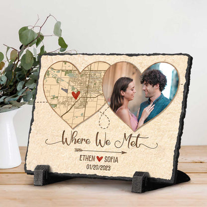 Where We Met Personalized Heart Location Map Rock Slate With Photo – First Date Memory Map Gifts – Custom Anniversary Valentines Gifts For Him Her