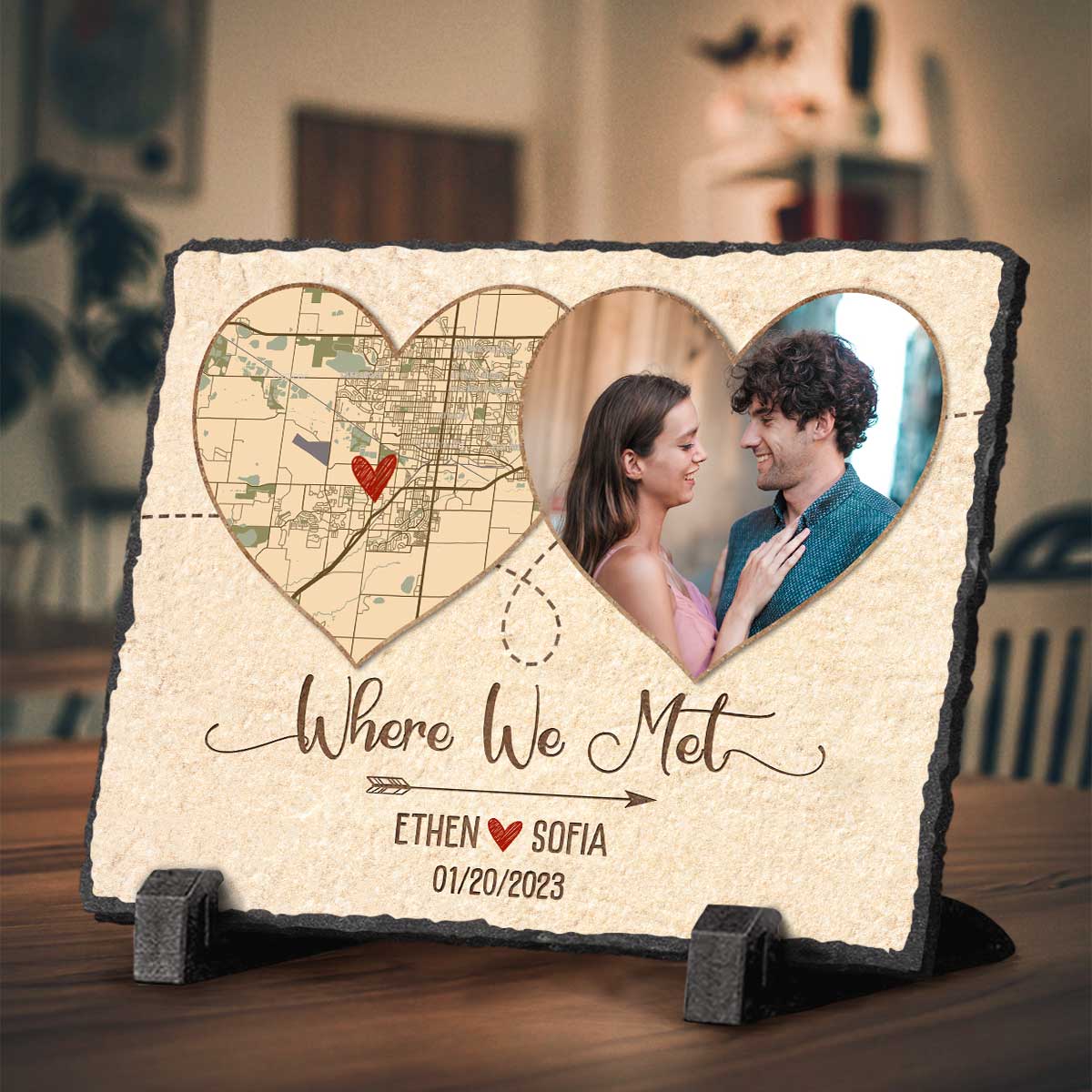 Where We Met Personalized Heart Location Map Rock Slate With Photo – First Date Memory Map Gifts – Custom Anniversary Valentines Gifts For Him Her