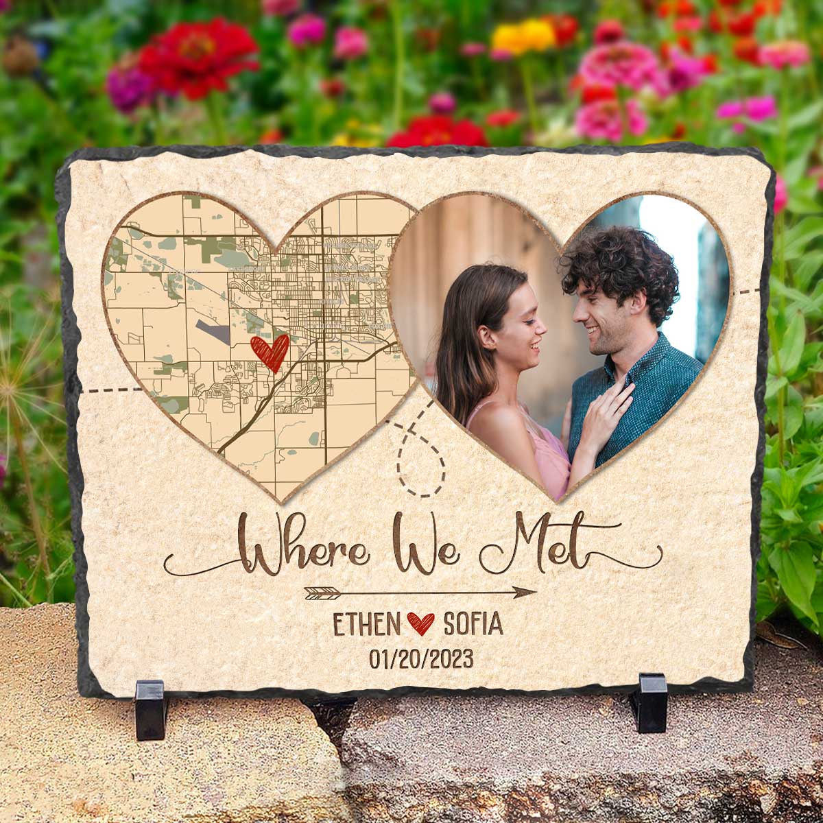 Where We Met Personalized Heart Location Map Rock Slate With Photo – First Date Memory Map Gifts – Custom Anniversary Valentines Gifts For Him Her